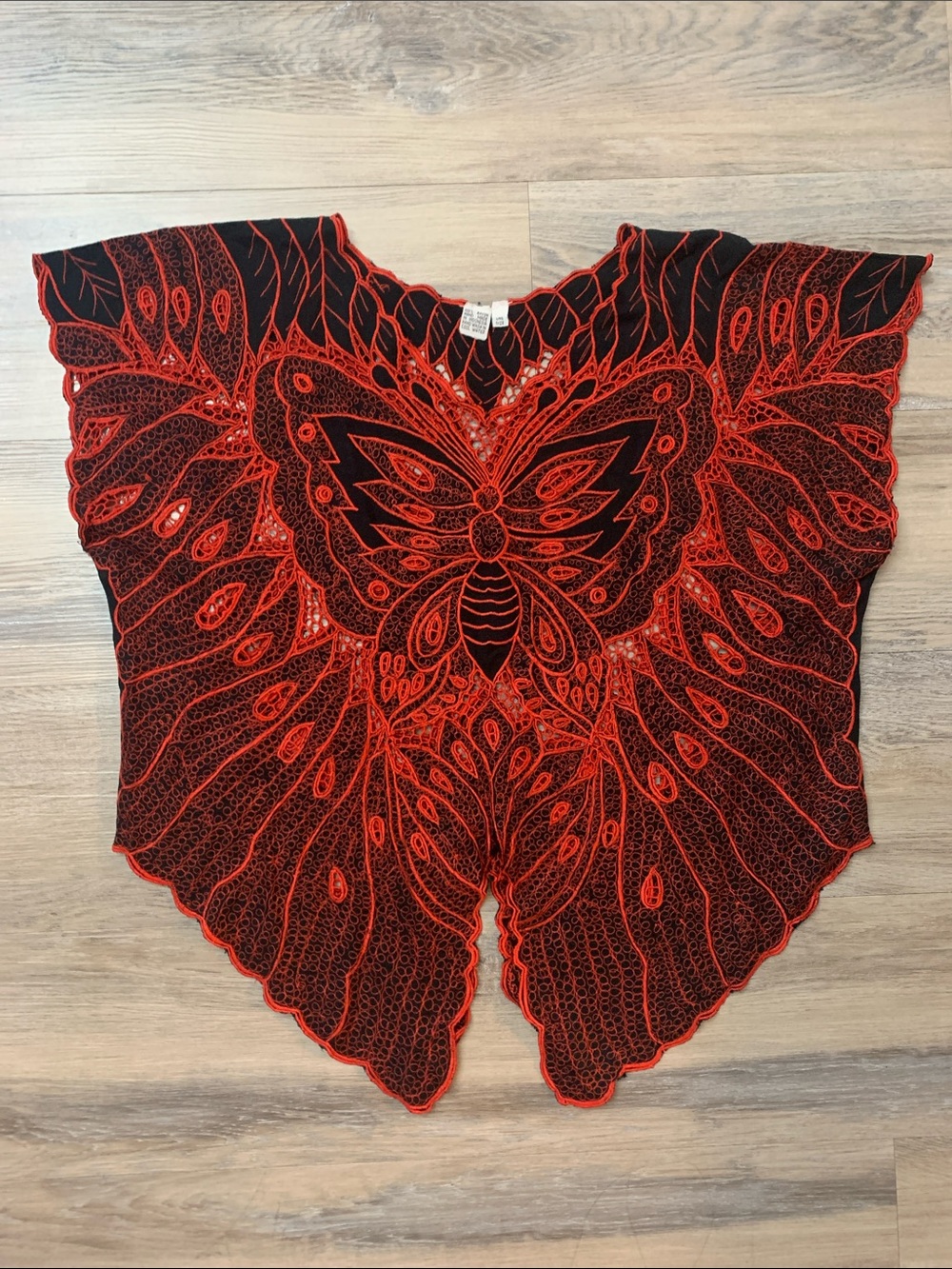 Vintage Embroidered Black Red Butterfly Blouse One Size